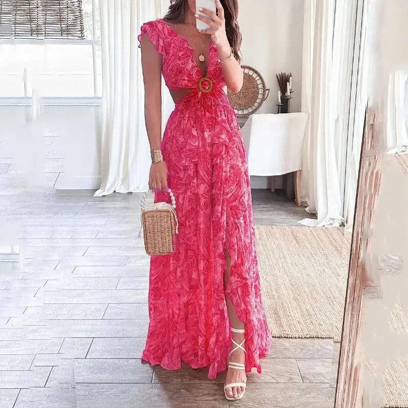 Women's Floral V-Neck Maxi Dress with Side Cut-Outs