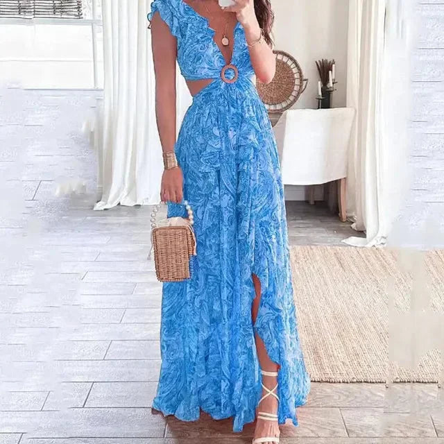 Women's Floral V-Neck Maxi Dress with Side Cut-Outs