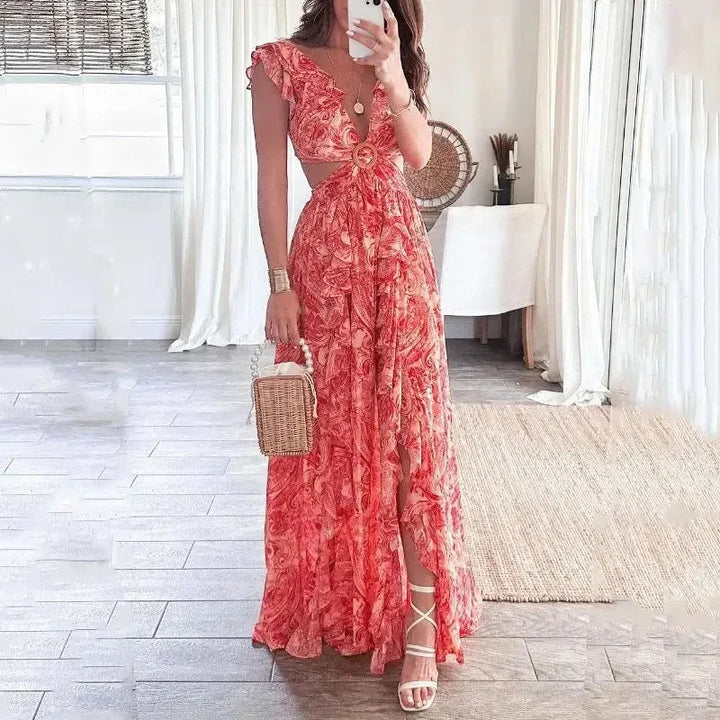 Women's Floral V-Neck Maxi Dress with Side Cut-Outs