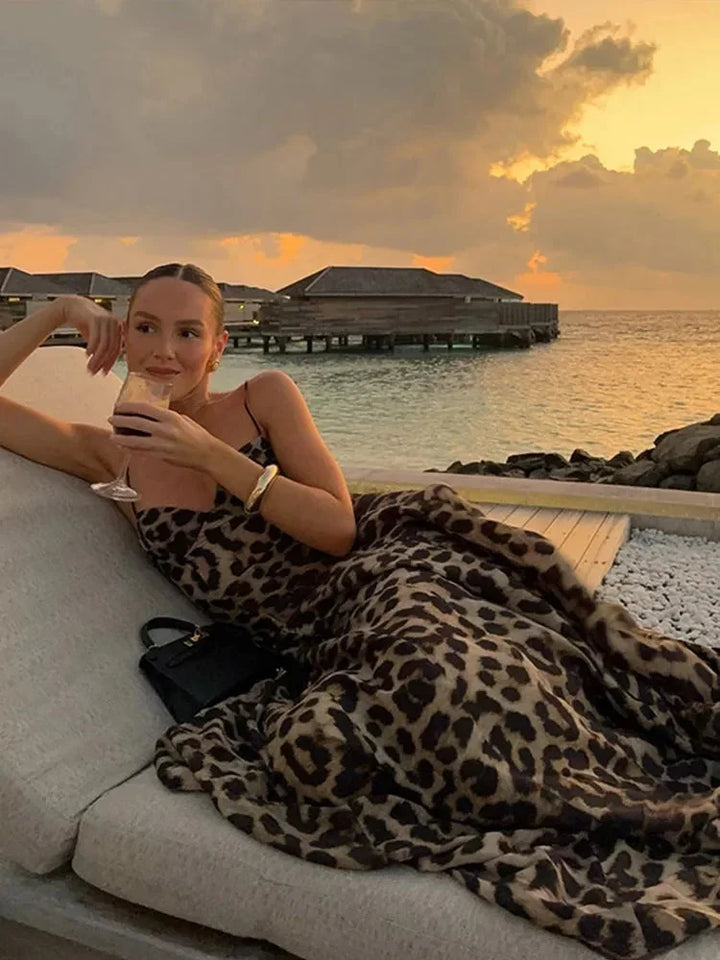 Women's Leopard Print Maxi Dress with Thin Straps