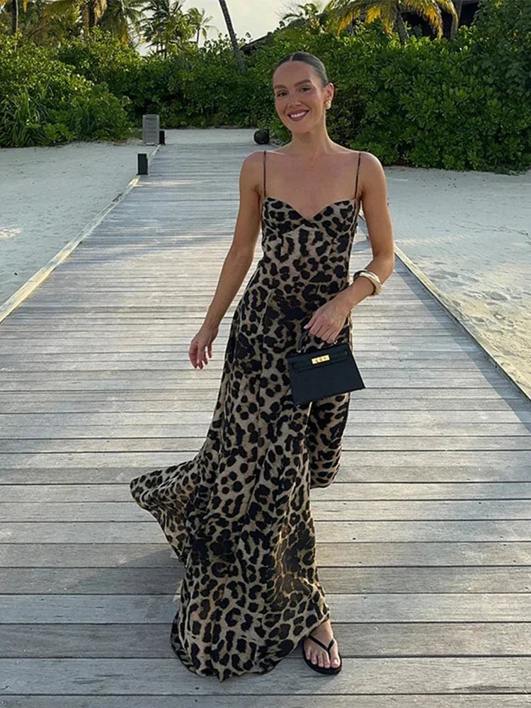 Women's Leopard Print Maxi Dress with Thin Straps