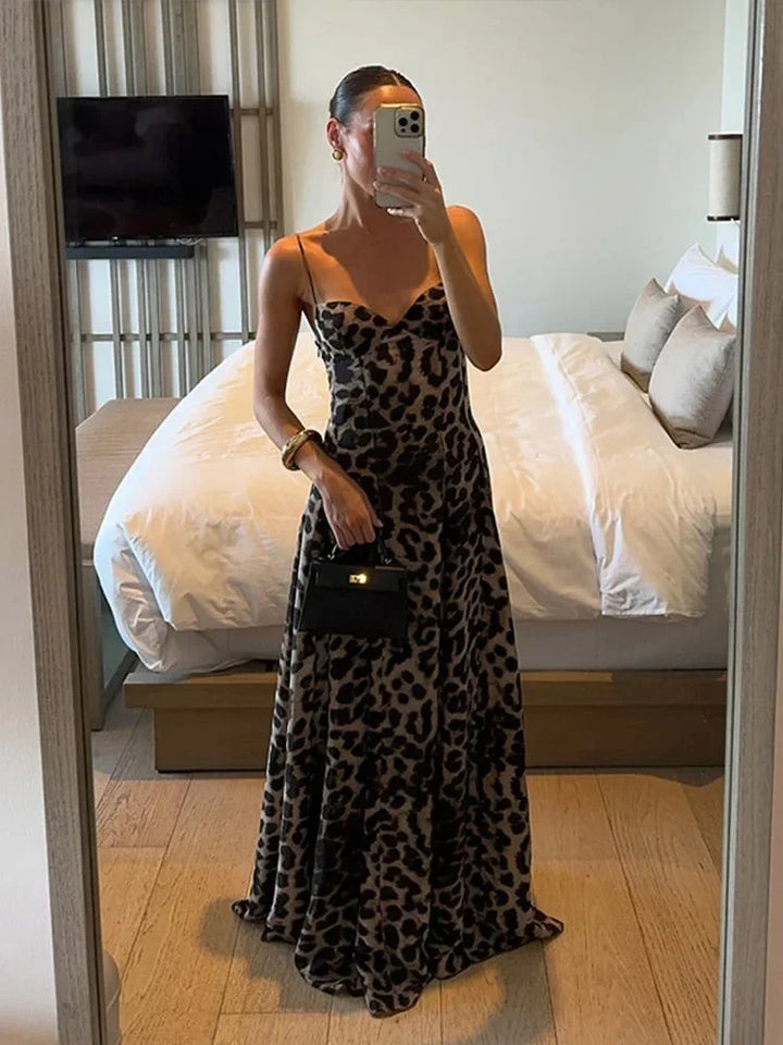 Women's Leopard Print Maxi Dress with Thin Straps
