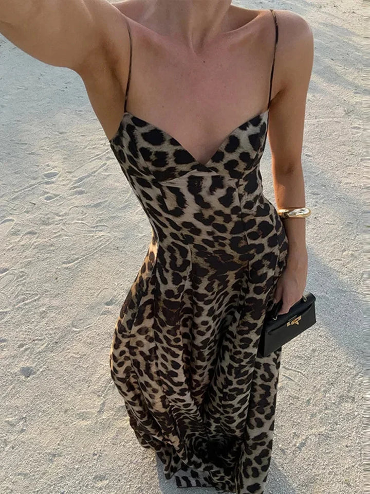 Women's Leopard Print Maxi Dress with Thin Straps