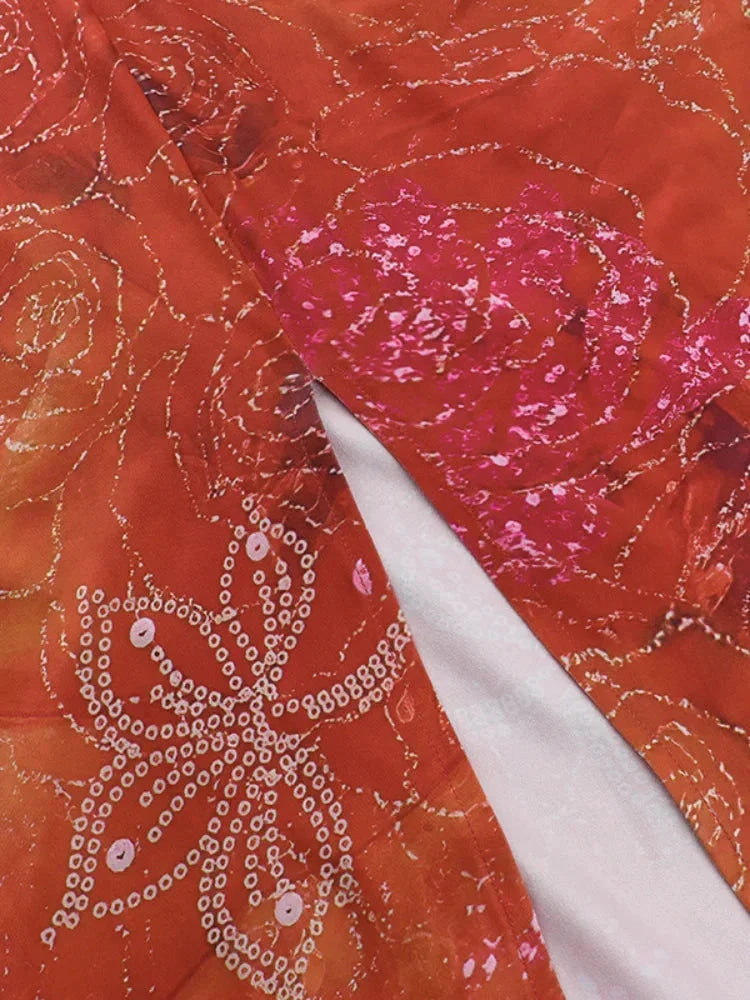 Abito lungo rosso da donna con stampa, schiena scoperta e cut-out
