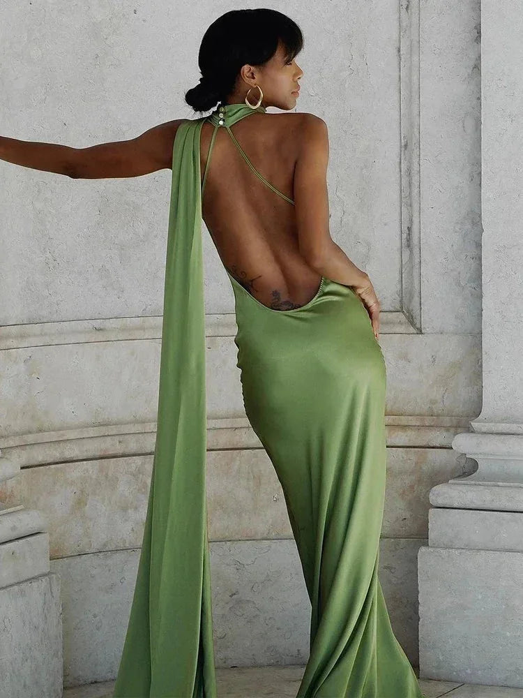 Women's Satin One-Shoulder Maxi Dress with Open Back