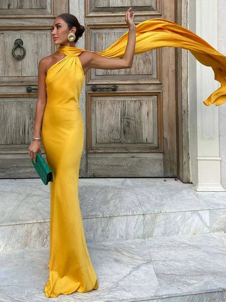Women's Satin One-Shoulder Maxi Dress with Open Back