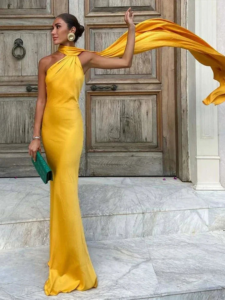 Women's Satin One-Shoulder Maxi Dress with Open Back
