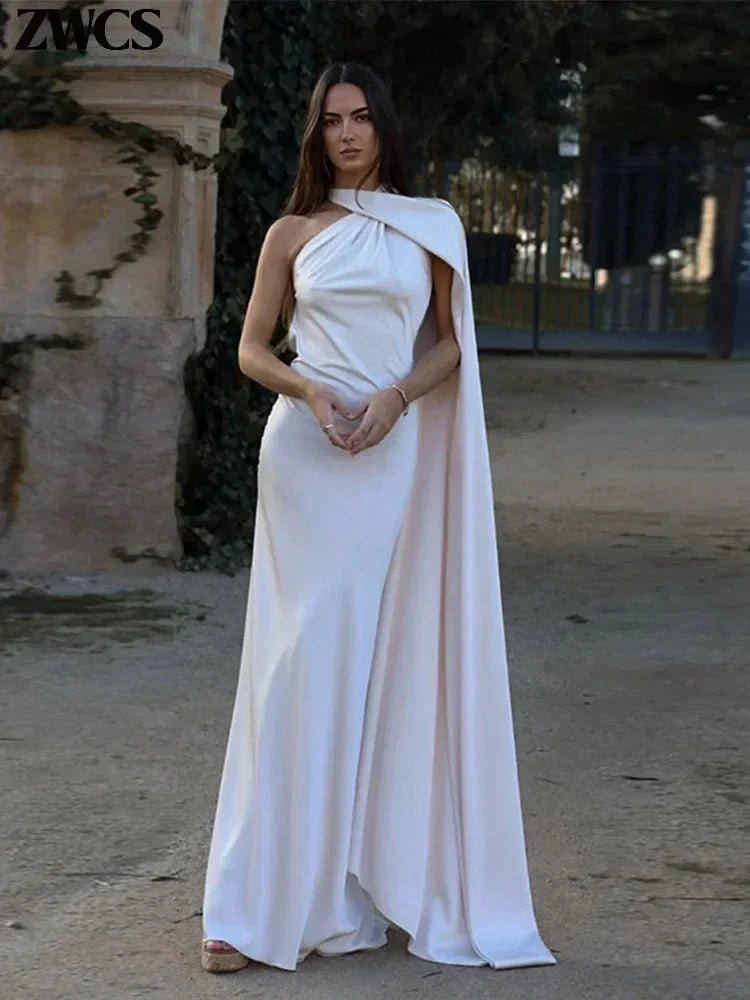 Women's Satin One-Shoulder Maxi Dress with Open Back