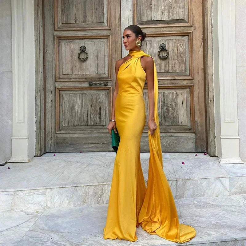 Women's Satin One-Shoulder Maxi Dress with Open Back
