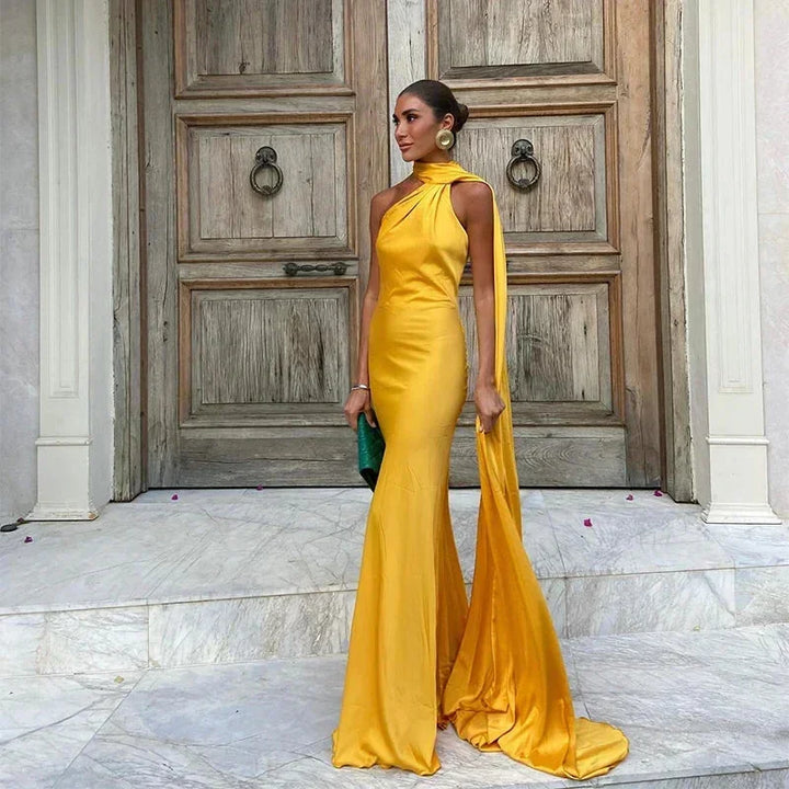 Women's Satin One-Shoulder Maxi Dress with Open Back