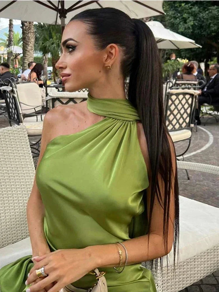 Women's Satin One-Shoulder Maxi Dress with Open Back