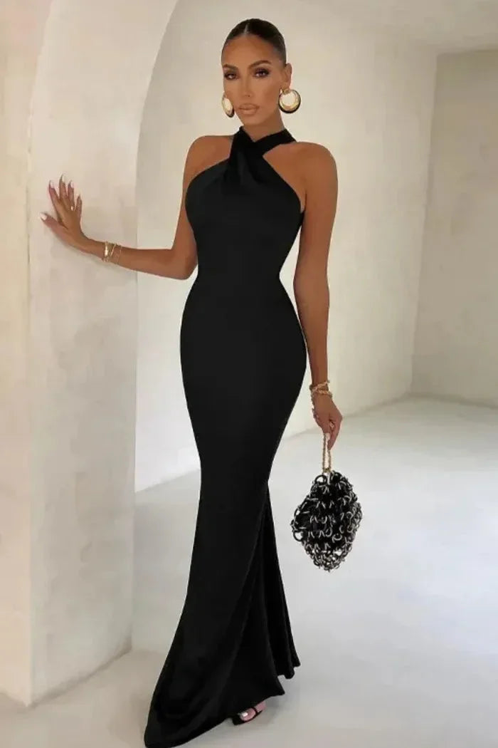 Maxi abito da donna con scollo incrociato e linea aderente