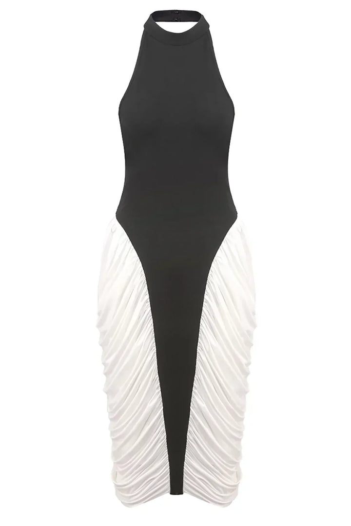 Midi dress women's black and white pleated