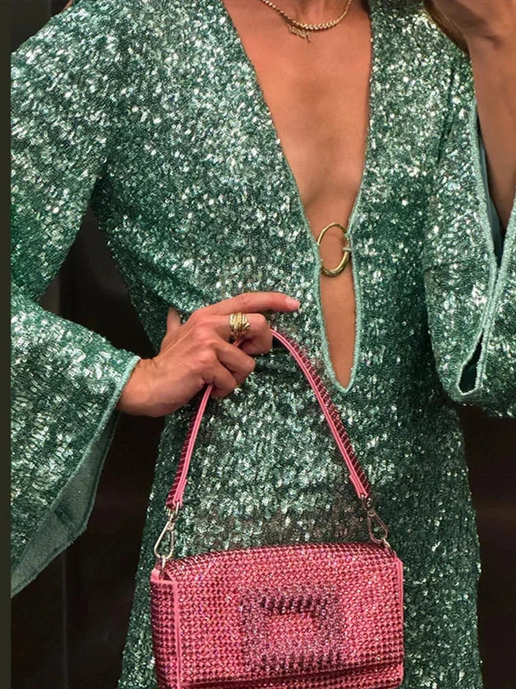 Women's Cropped Long Sleeve Sequin Dress