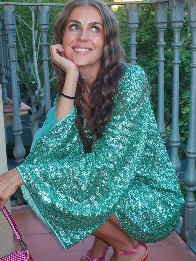 Women's Cropped Long Sleeve Sequin Dress