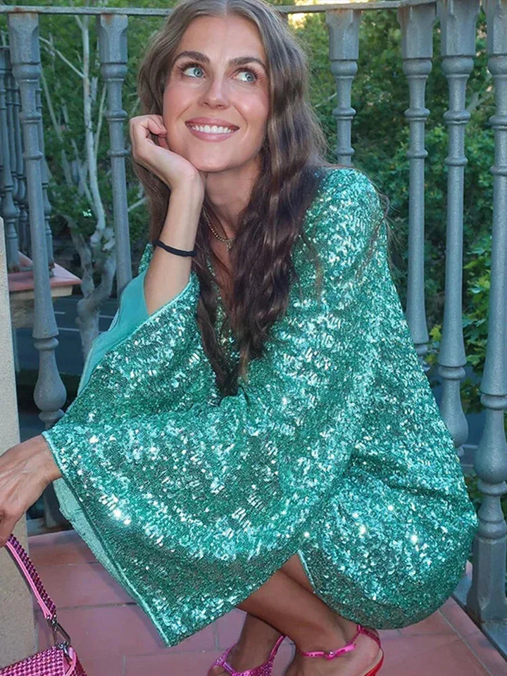 Women's Cropped Long Sleeve Sequin Dress