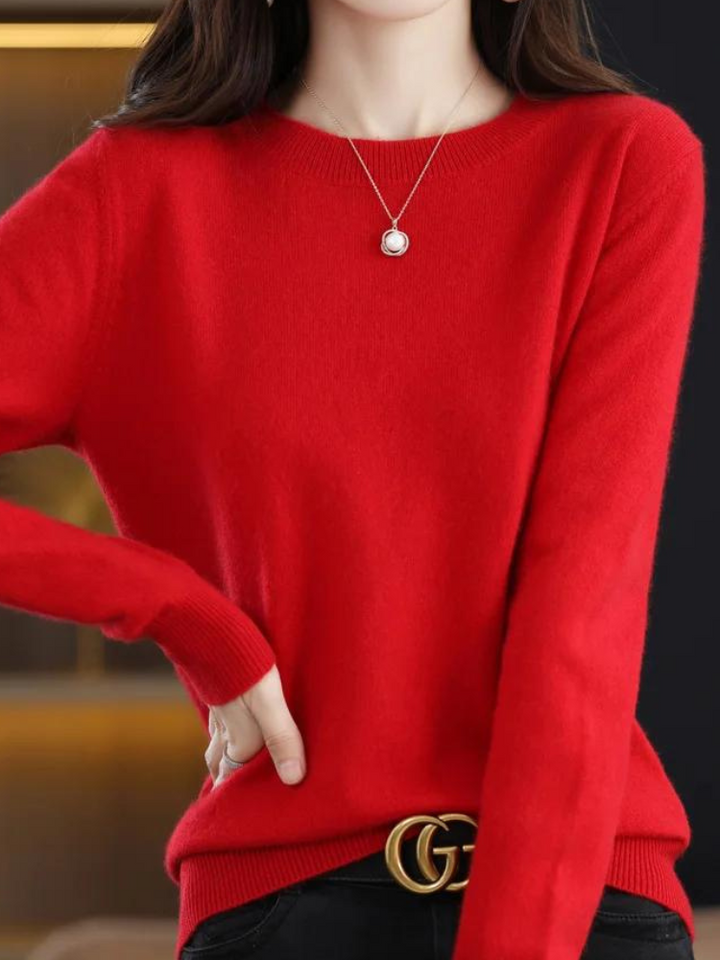 Women's Knitted Crew Neck Jumper with Long Sleeves - Red