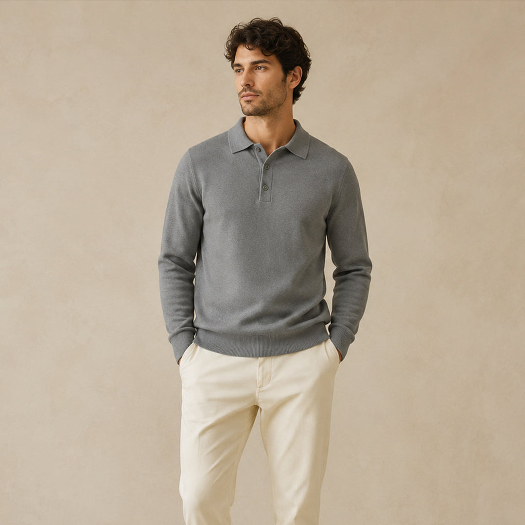 Men's Cashmere Knitted Polo Shirt with Button Front and Collar