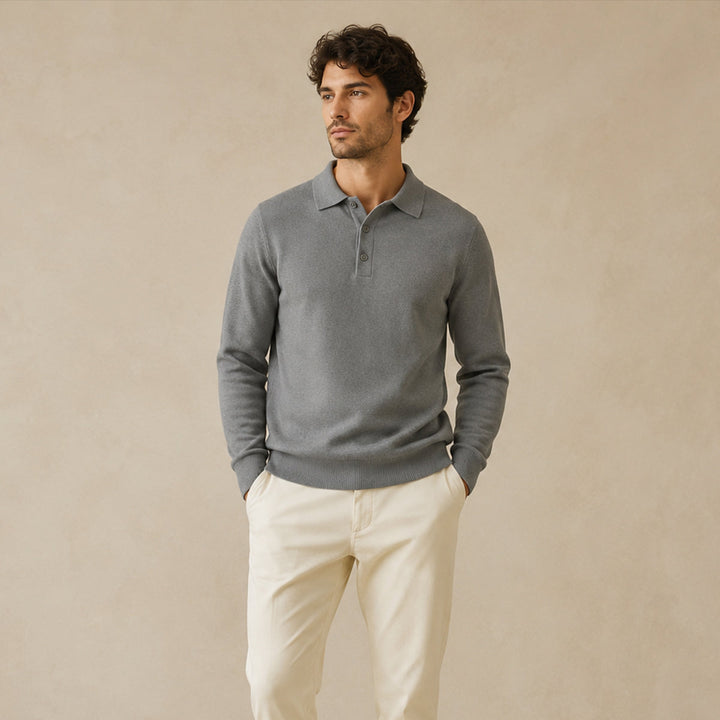Men's Cashmere Knitted Polo Shirt with Button Front and Collar