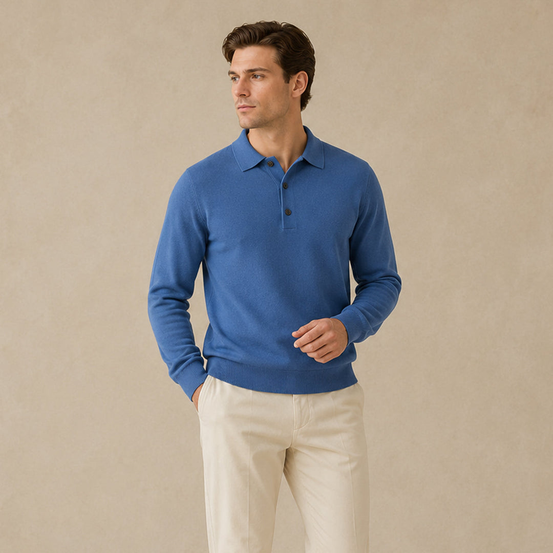 Men's Cashmere Knitted Polo Shirt with Button Front and Collar