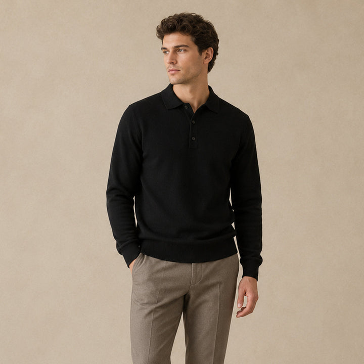 Men's Cashmere Knitted Polo Shirt with Button Front and Collar
