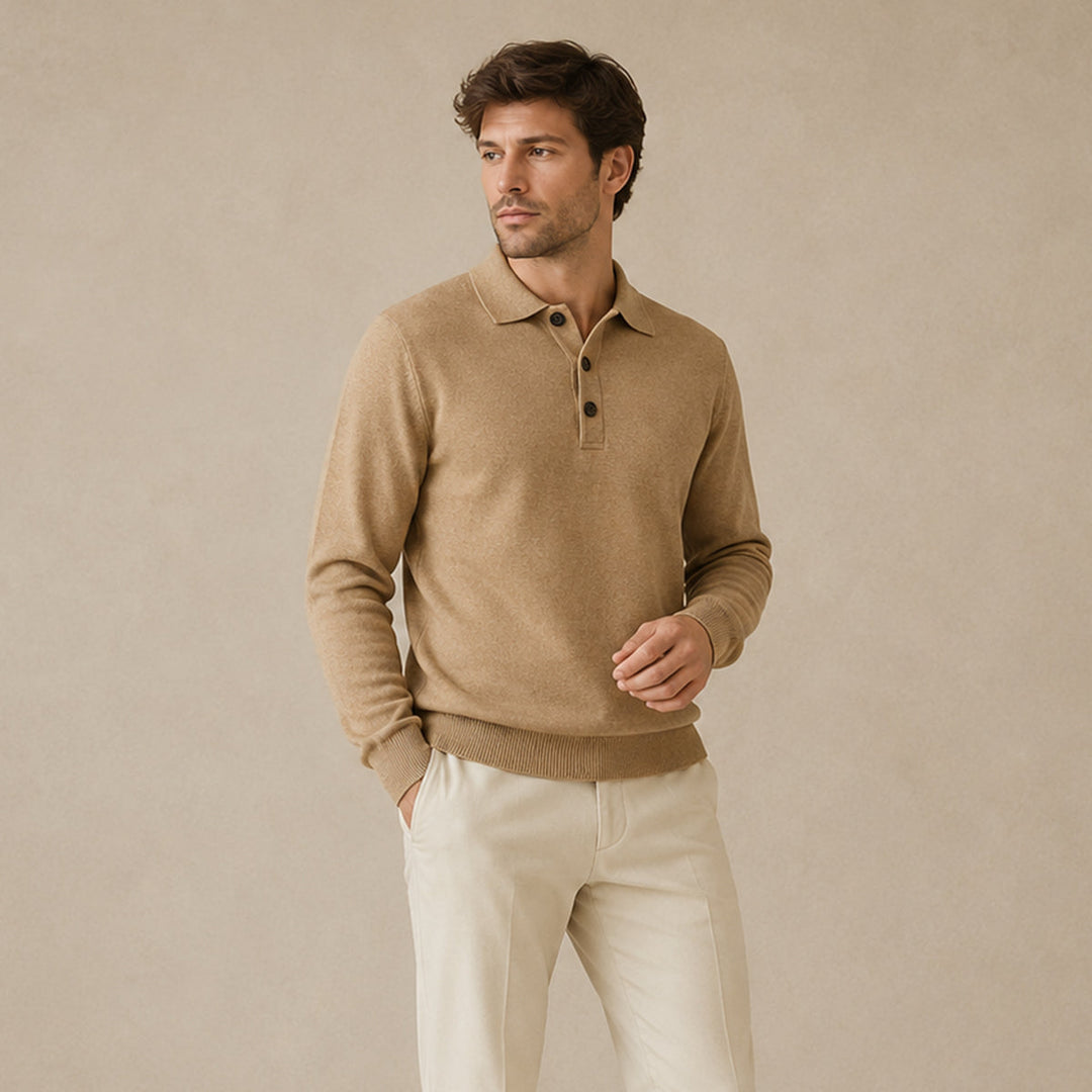 Men's Cashmere Knitted Polo Shirt with Button Front and Collar