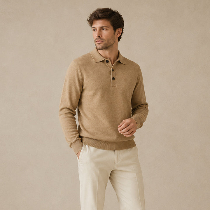 Men's Cashmere Knitted Polo Shirt with Button Front and Collar