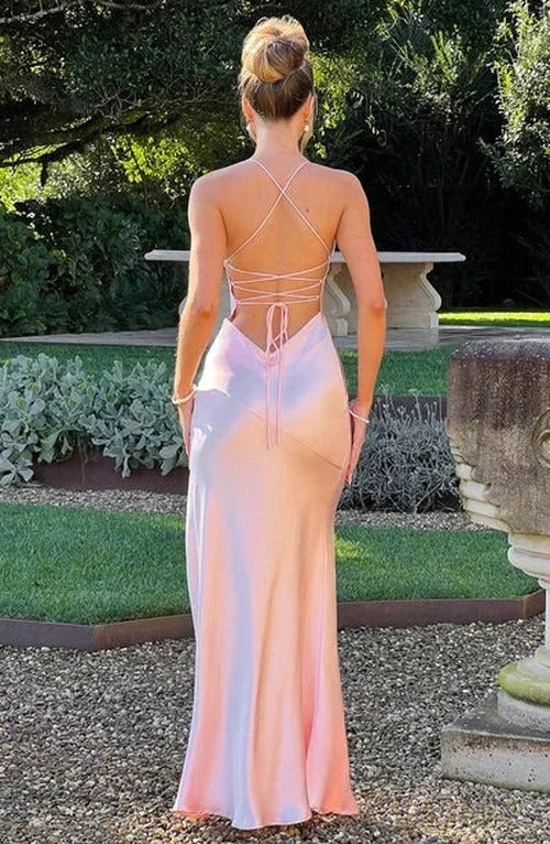 Women's Satin V-Neck Maxi Dress with Thin Straps - photo 3