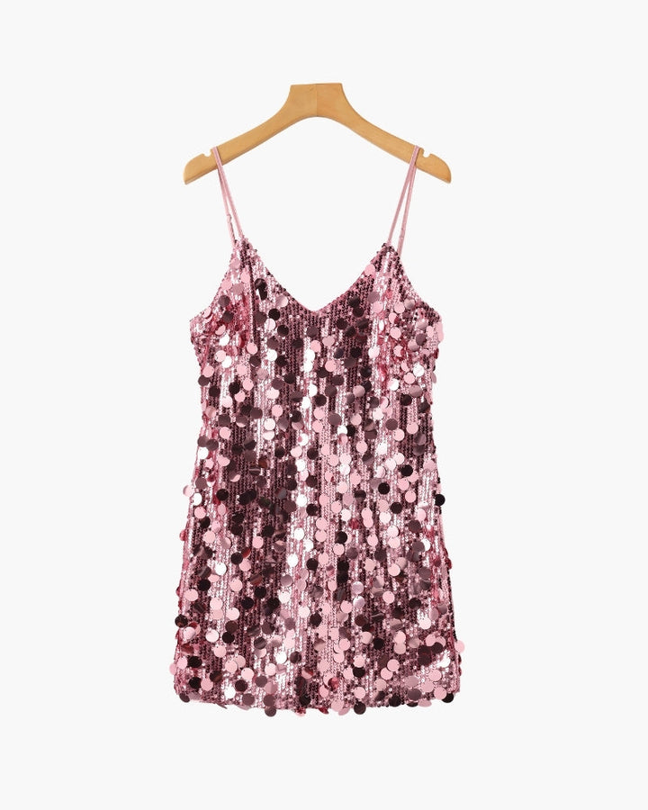 Women's Sequin Party Mini Dress with Straps - Rose Gold