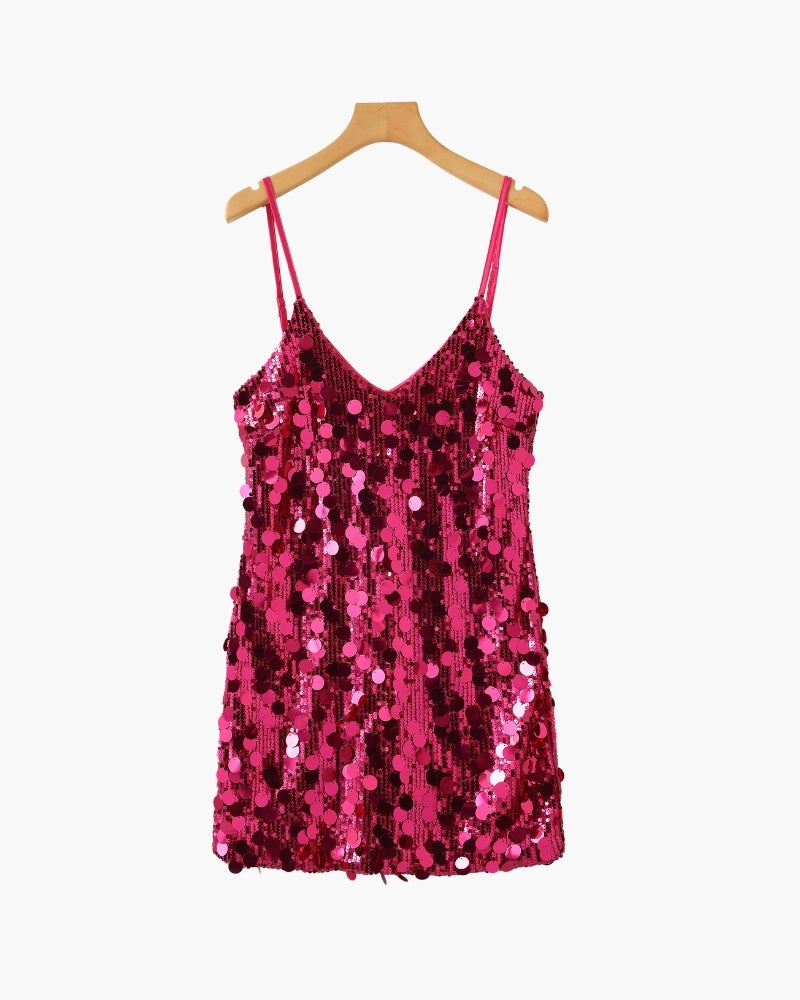 Women's Sequin Party Mini Dress with Straps - Pink