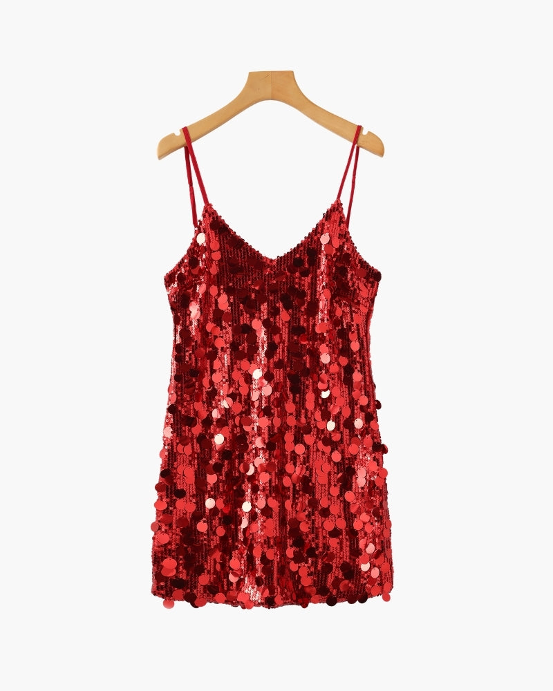 Women's Sequin Party Mini Dress with Straps - Red