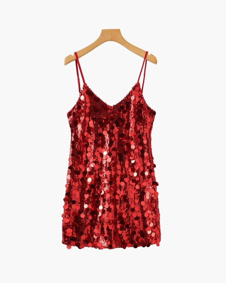 Women's Sequin Party Mini Dress with Straps - Red