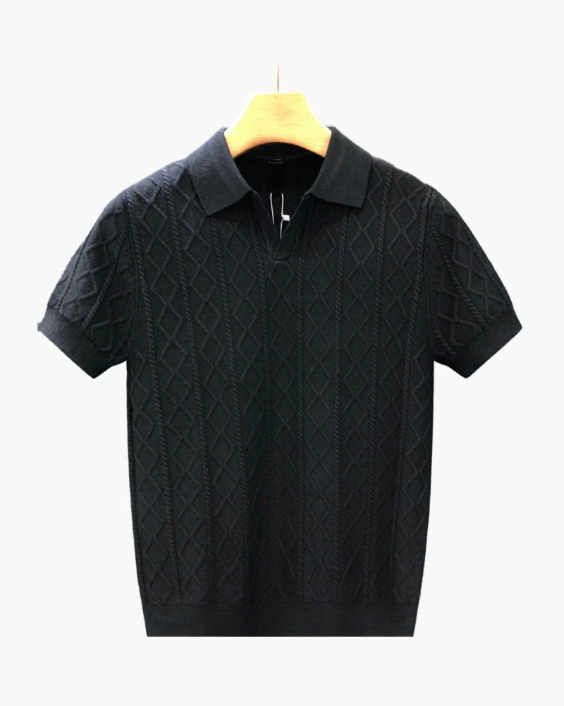 Men's Textured Knit Polo with Diamond Pattern - Black