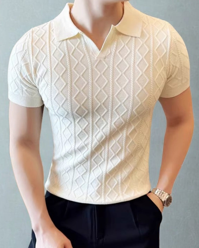 Men's Textured Knit Polo with Diamond Pattern - White