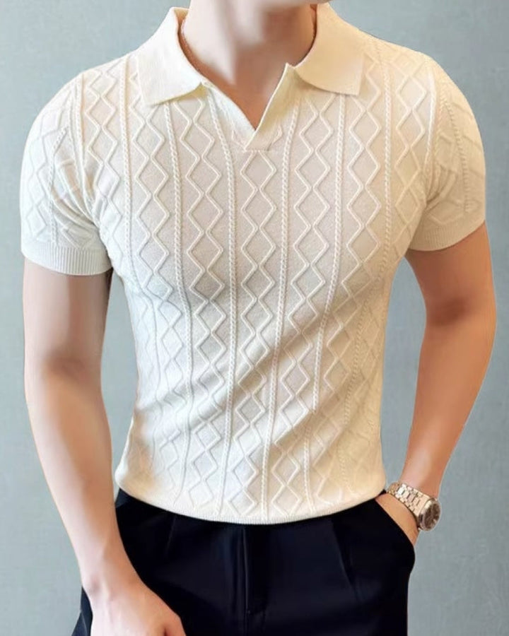 Men's Textured Knit Polo with Diamond Pattern - White