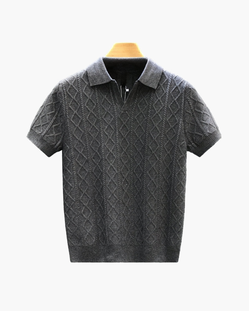Men's Textured Knit Polo with Diamond Pattern - Gray