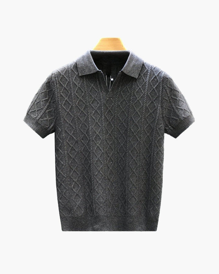 Men's Textured Knit Polo with Diamond Pattern - Gray