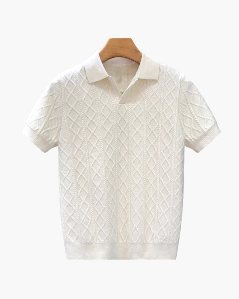 Men's Textured Knit Polo with Diamond Pattern