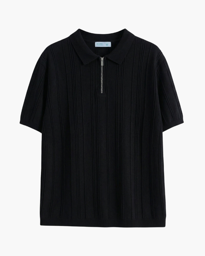 Men's Zip-Up Knit Polo with Vertical Ribbing - Black