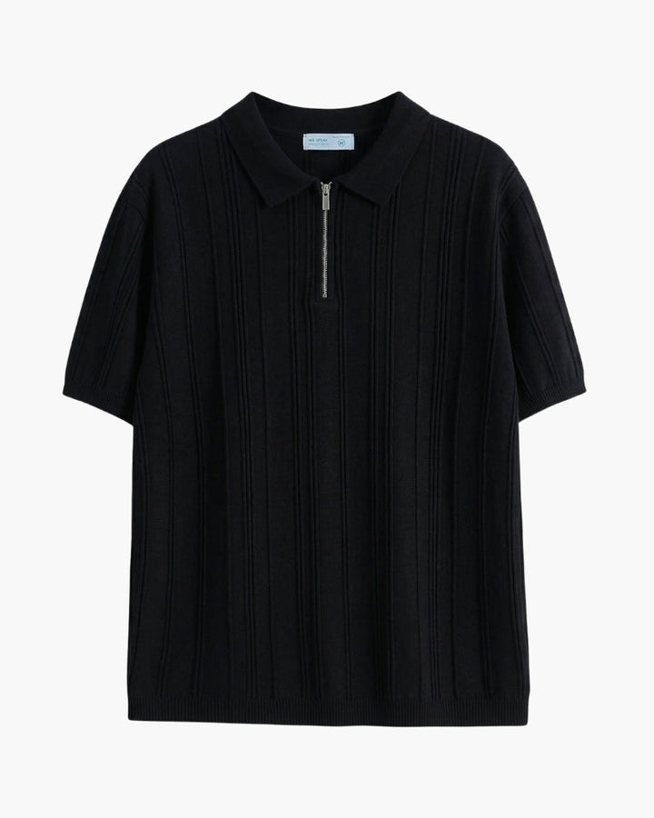 Men's Zip-Up Knit Polo with Vertical Ribbing - Black