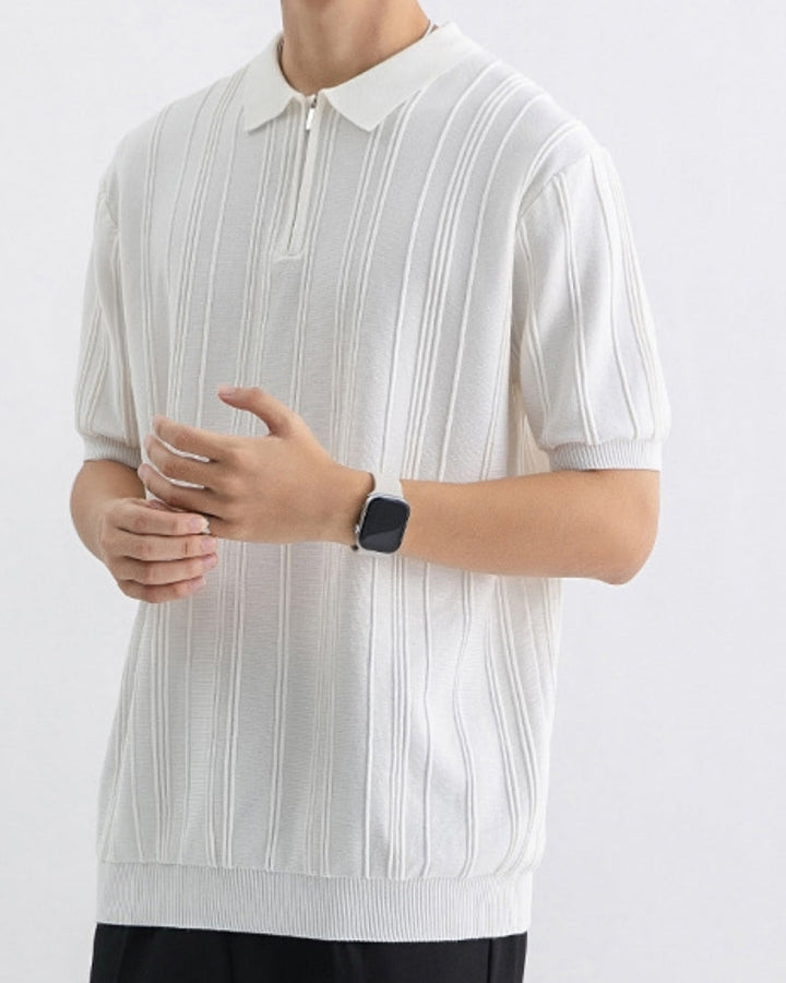 Men's Zip-Up Knit Polo with Vertical Ribbing - White