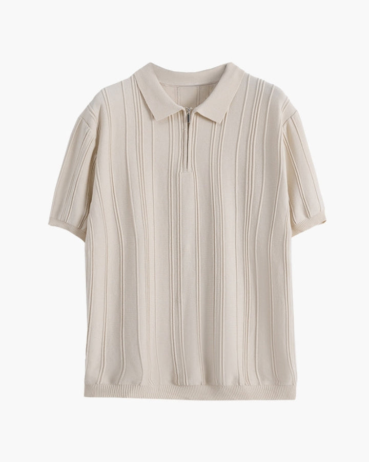 Men's Zip-Up Knit Polo with Vertical Ribbing - Beige
