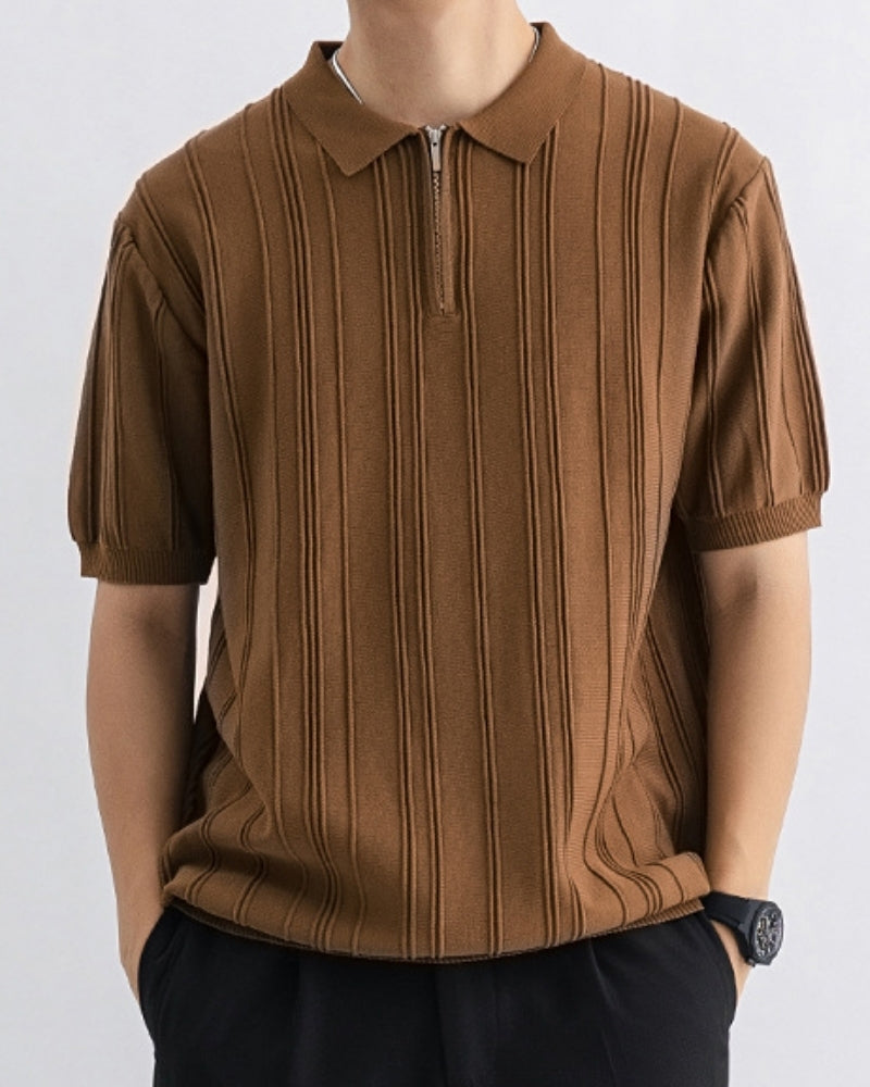 Men's Zip-Up Knit Polo with Vertical Ribbing - Brown