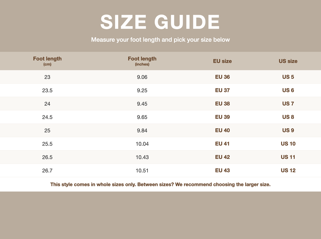 Size guide - foot length to EU/US size