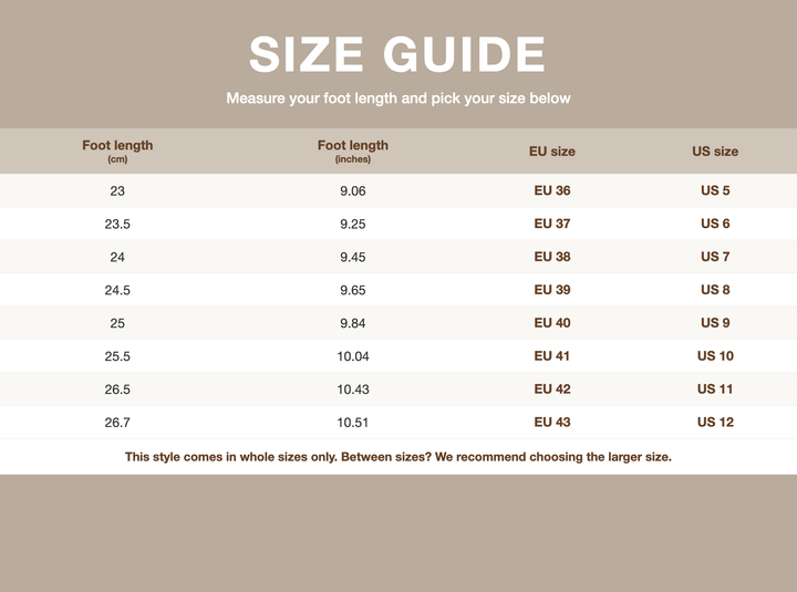 Size guide - foot length to EU/US size