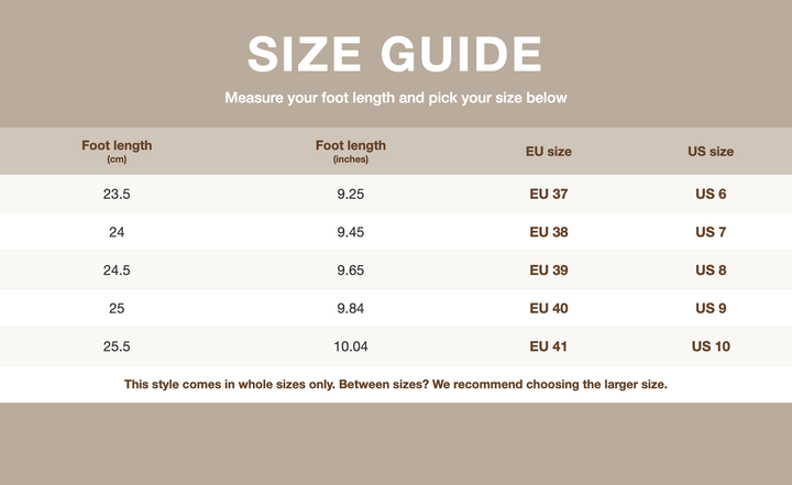 Size guide - foot length to EU/US size