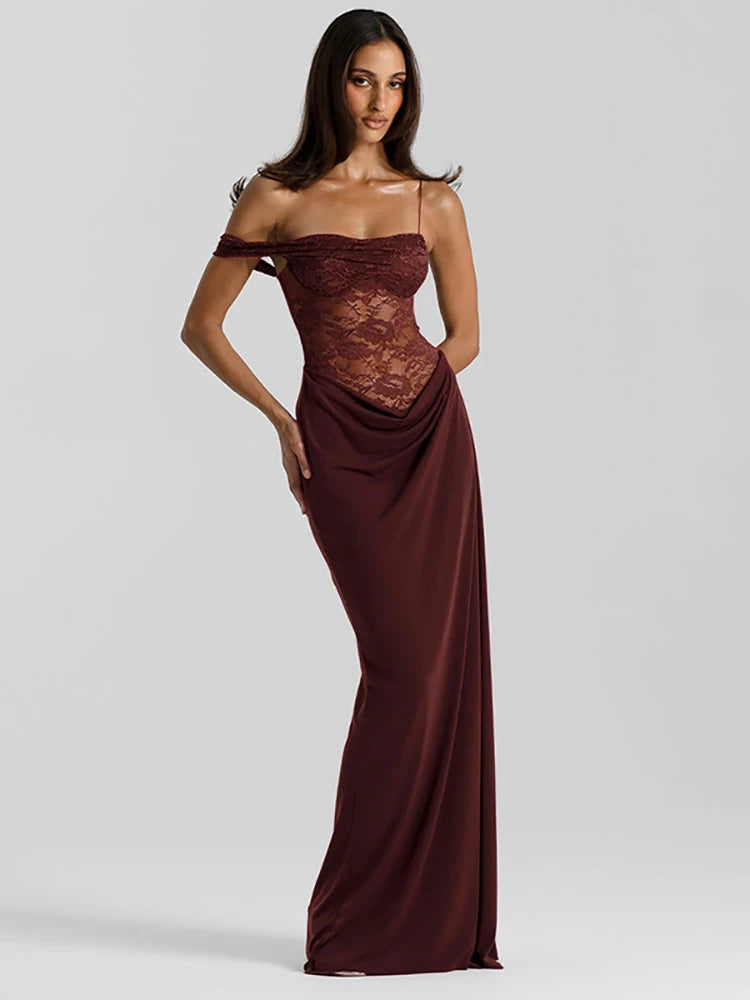 Kathy - Women's Off-Shoulder Lace Bodice Draped Maxi Dress - Wine Red
