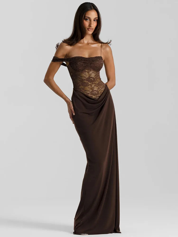 Kathy - Women's Off-Shoulder Lace Bodice Draped Maxi Dress - Brown