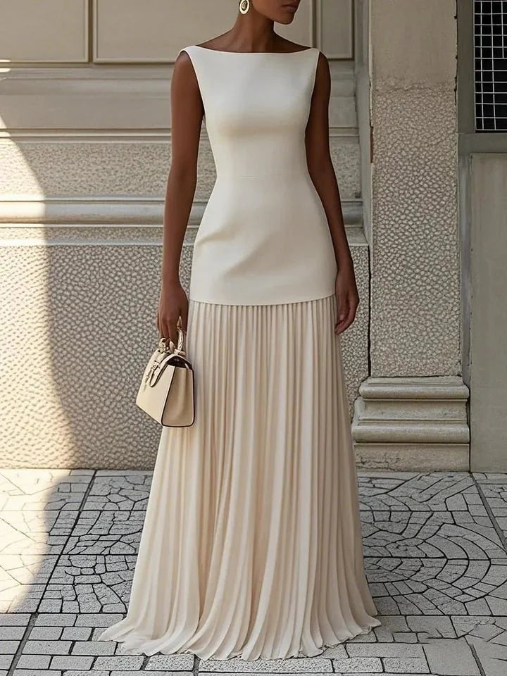 Ava | Elegant Blue Sleeveless Pleated Maxi Dress With Boat Neck