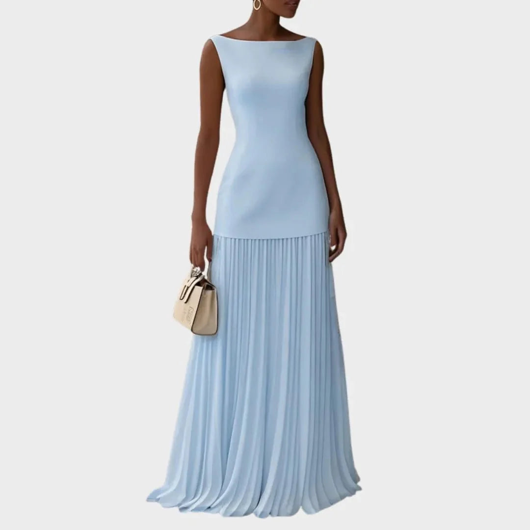Ava | Elegant Blue Sleeveless Pleated Maxi Dress With Boat Neck